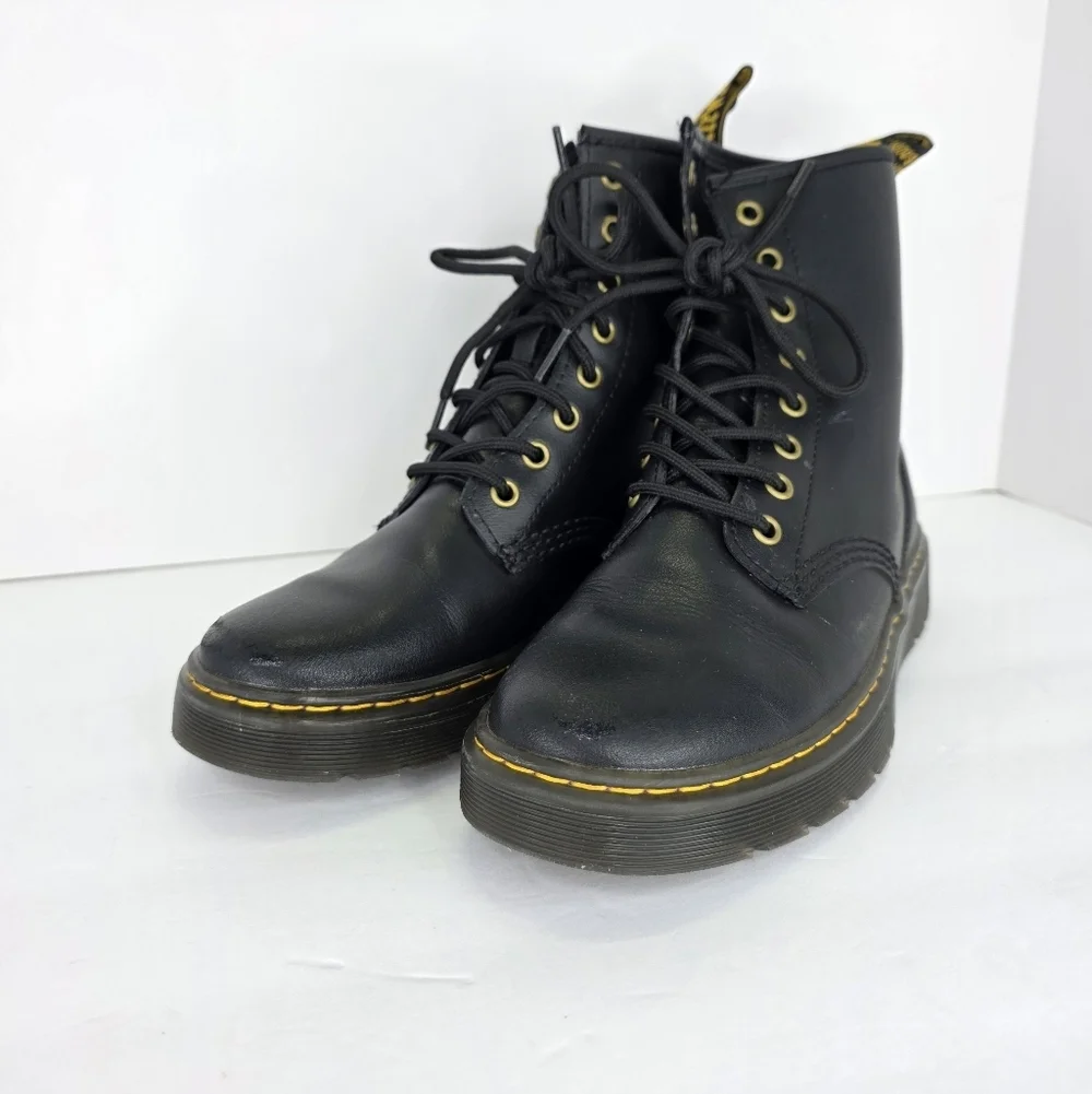 Dr. Martens Zavala Combat Boots Unisex Black Leather Yellow Stitching Size M7 W8 - Picture 5 of 16